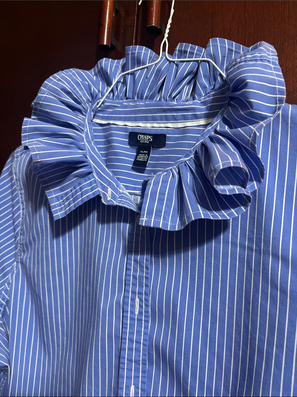 Women’s Upcycled Chaps Blue/White Striped Ruffle Collar Shirt